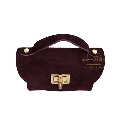 Genuine Suede Mini Top Handle Bag with Bamboo Twist Lock & Chain Strap