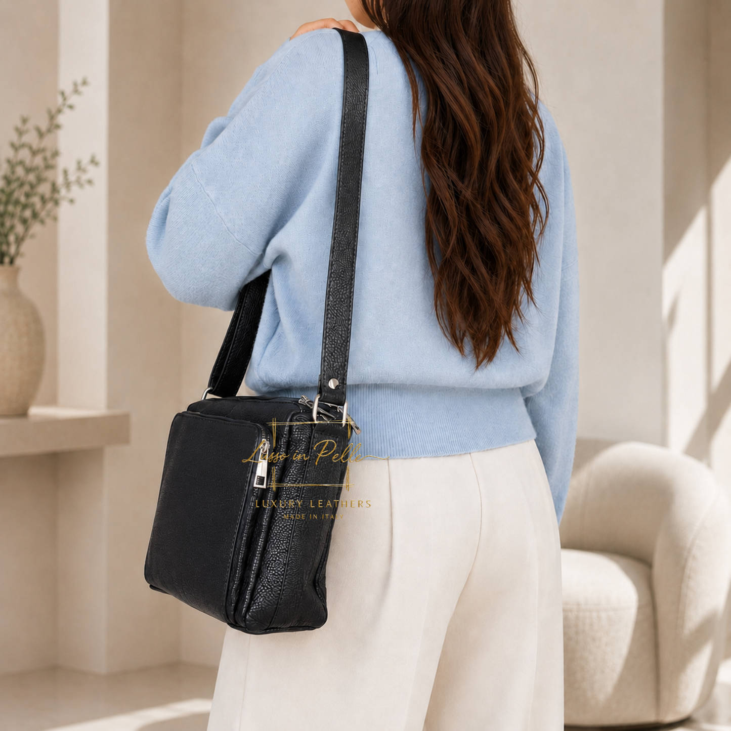 Italian Genuine Leather Multi Compartment Crossbody Bag with Front Zip Pocket