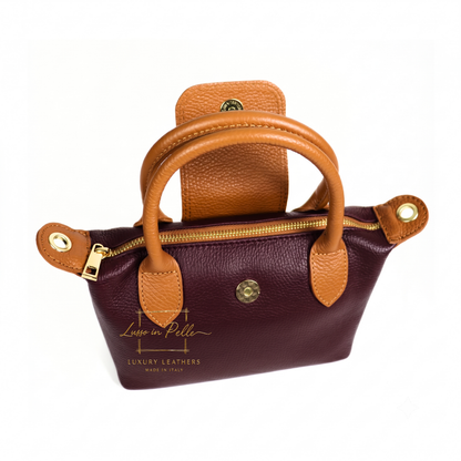 Italian Genuine Leather Mini Grab Bag with Detachable Crossbody Strap