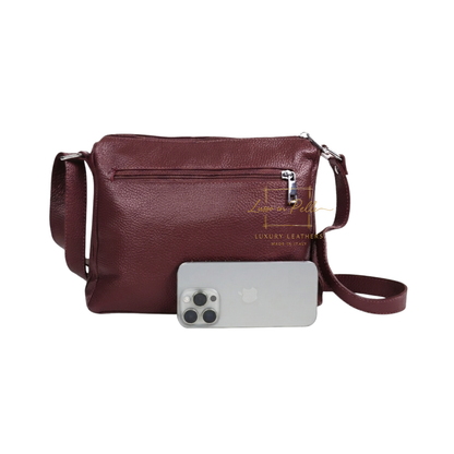 Italian Genuine Leather Multi Compartment Crossbody Bag with Front Zip Pocket