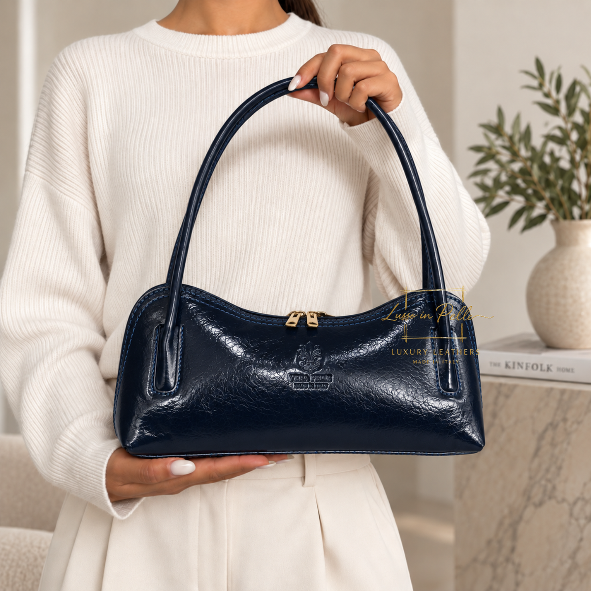 Buffered Leather Elongated Structured Florence Shoulder Bag