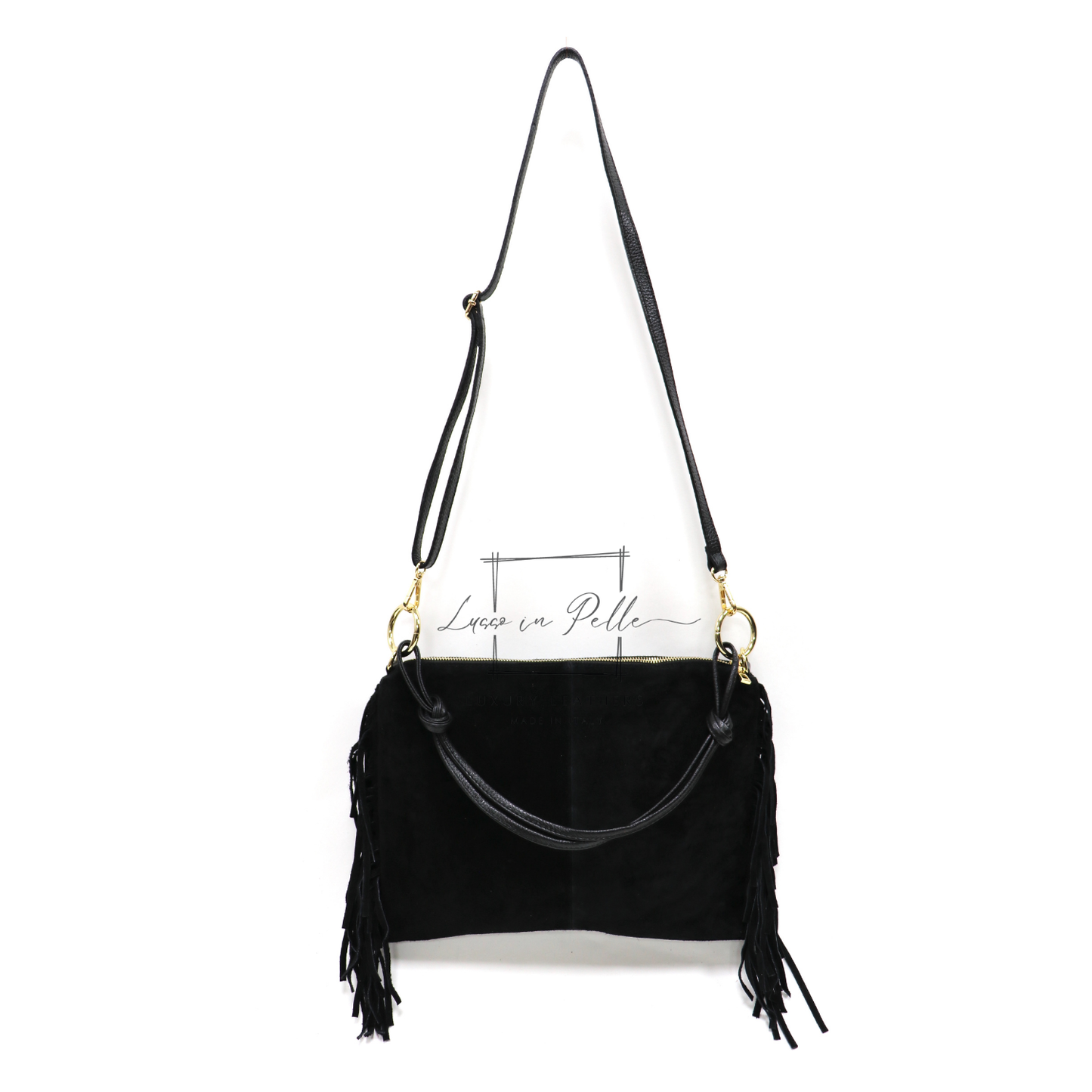 Medium Italian Suede Fringe Bag with Shoulder and Crossbody Straps: Handmade Genuine Cowhide Suede Flat Purse