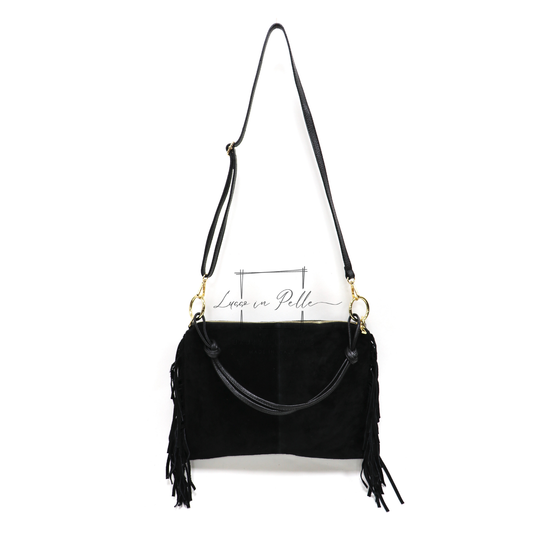 Medium Italian Suede Fringe Bag with Shoulder and Crossbody Straps: Handmade Genuine Cowhide Suede Flat Purse