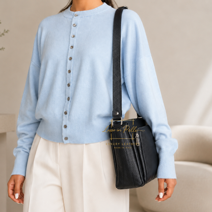 Italian Genuine Leather Multi Compartment Crossbody Bag with Front Zip Pocket