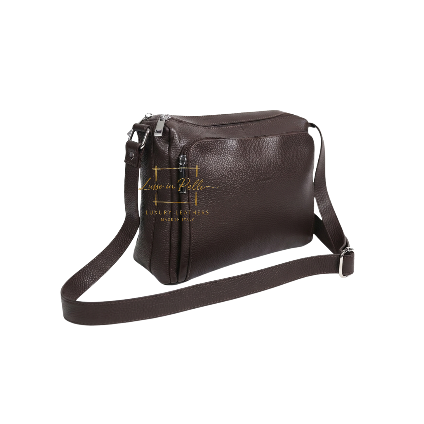 Italian Genuine Leather Multi Compartment Crossbody Bag with Front Zip Pocket
