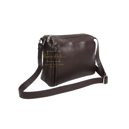 Italian Genuine Leather Multi Compartment Crossbody Bag with Front Zip Pocket
