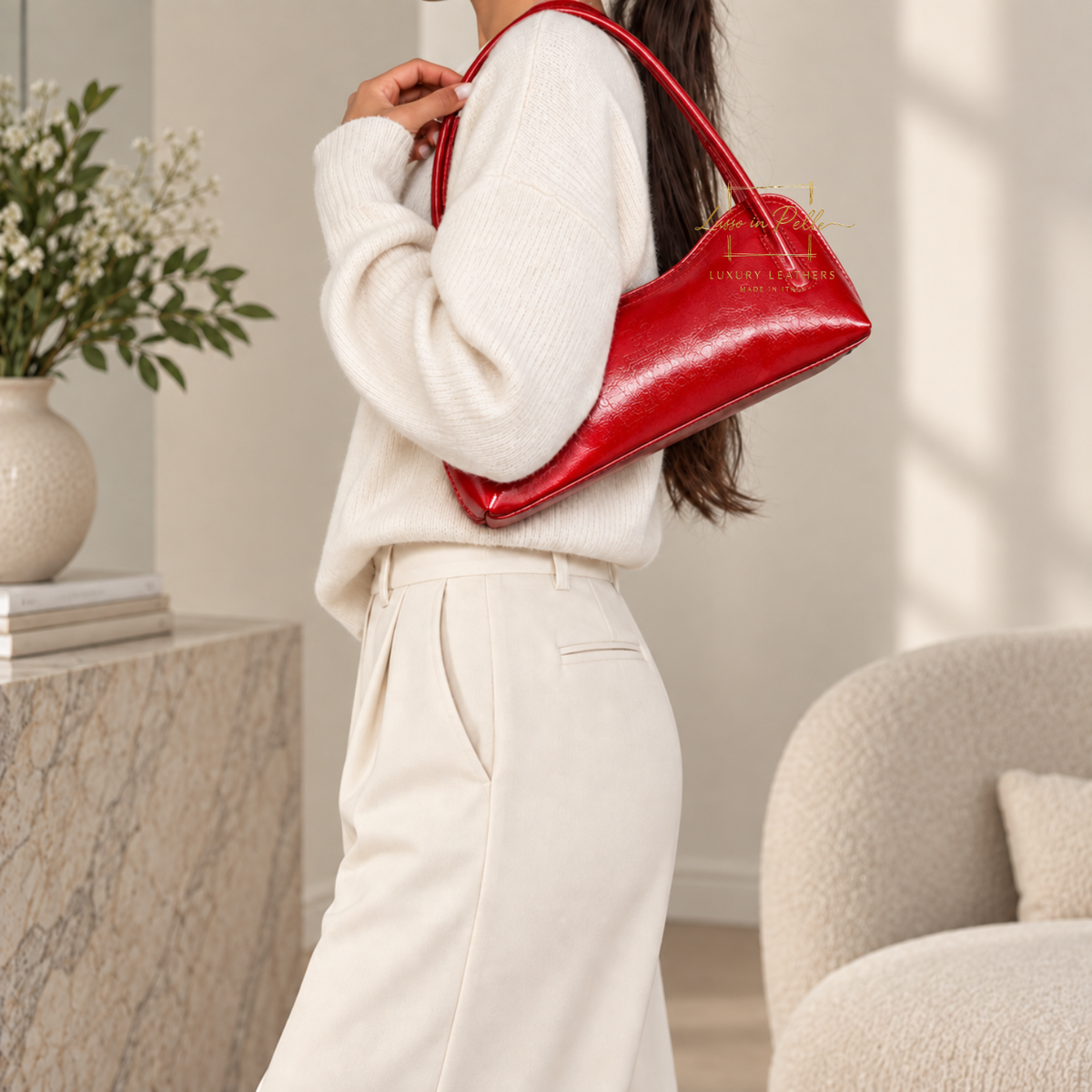 Buffered Leather Elongated Structured Florence Shoulder Bag