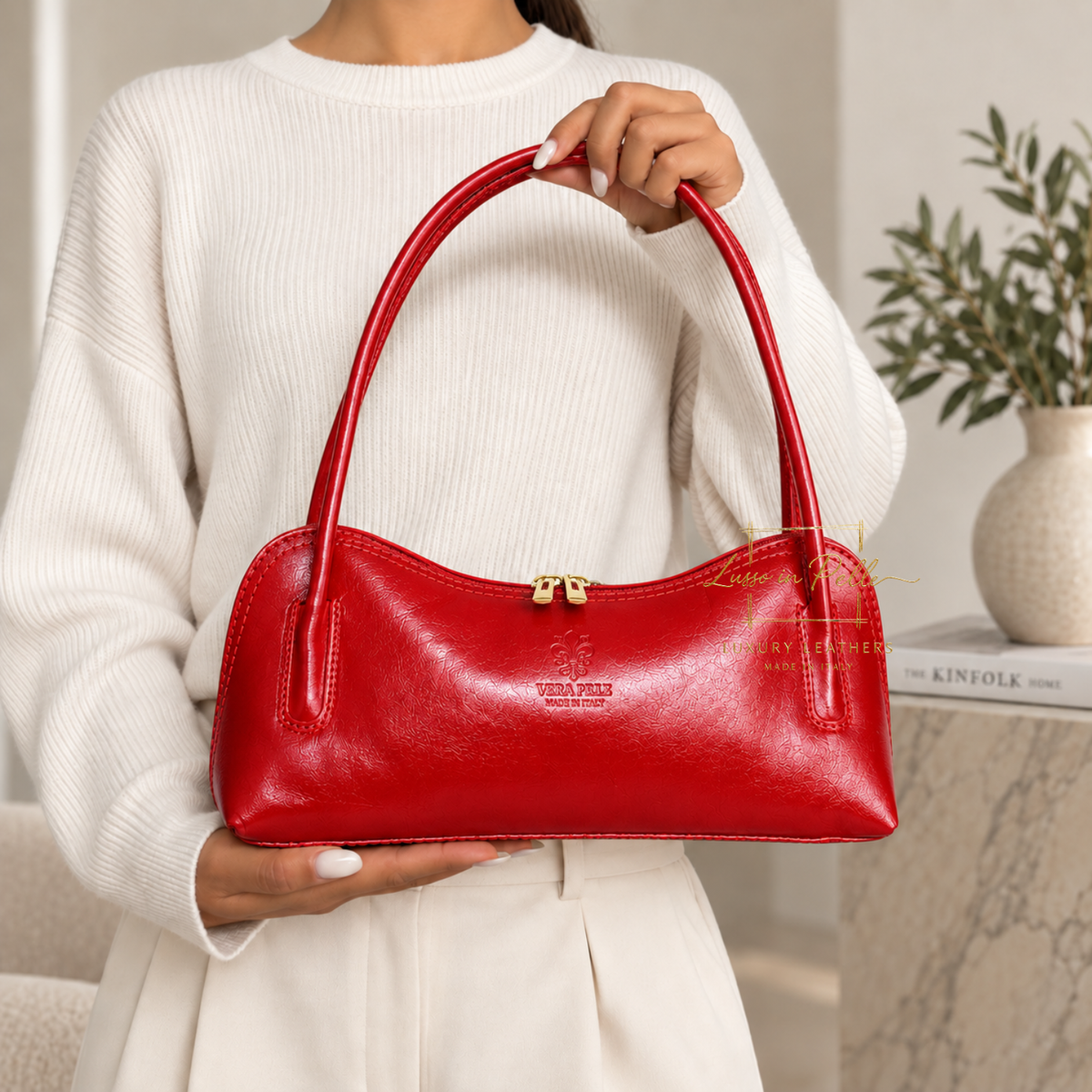 Buffered Leather Elongated Structured Florence Shoulder Bag