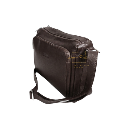 Italian Genuine Leather Multi Compartment Crossbody Bag with Front Zip Pocket