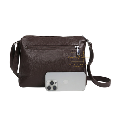 Italian Genuine Leather Multi Compartment Crossbody Bag with Front Zip Pocket