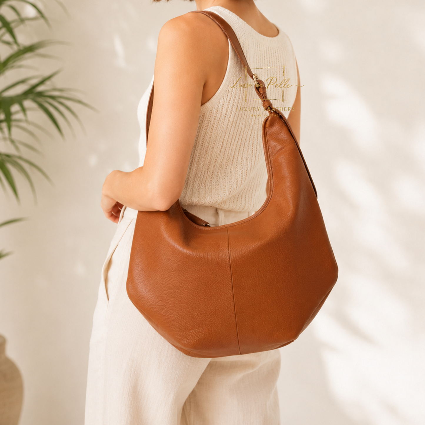 Pebbled Leather Hobo Shoulder Bag with Adjustable Strap