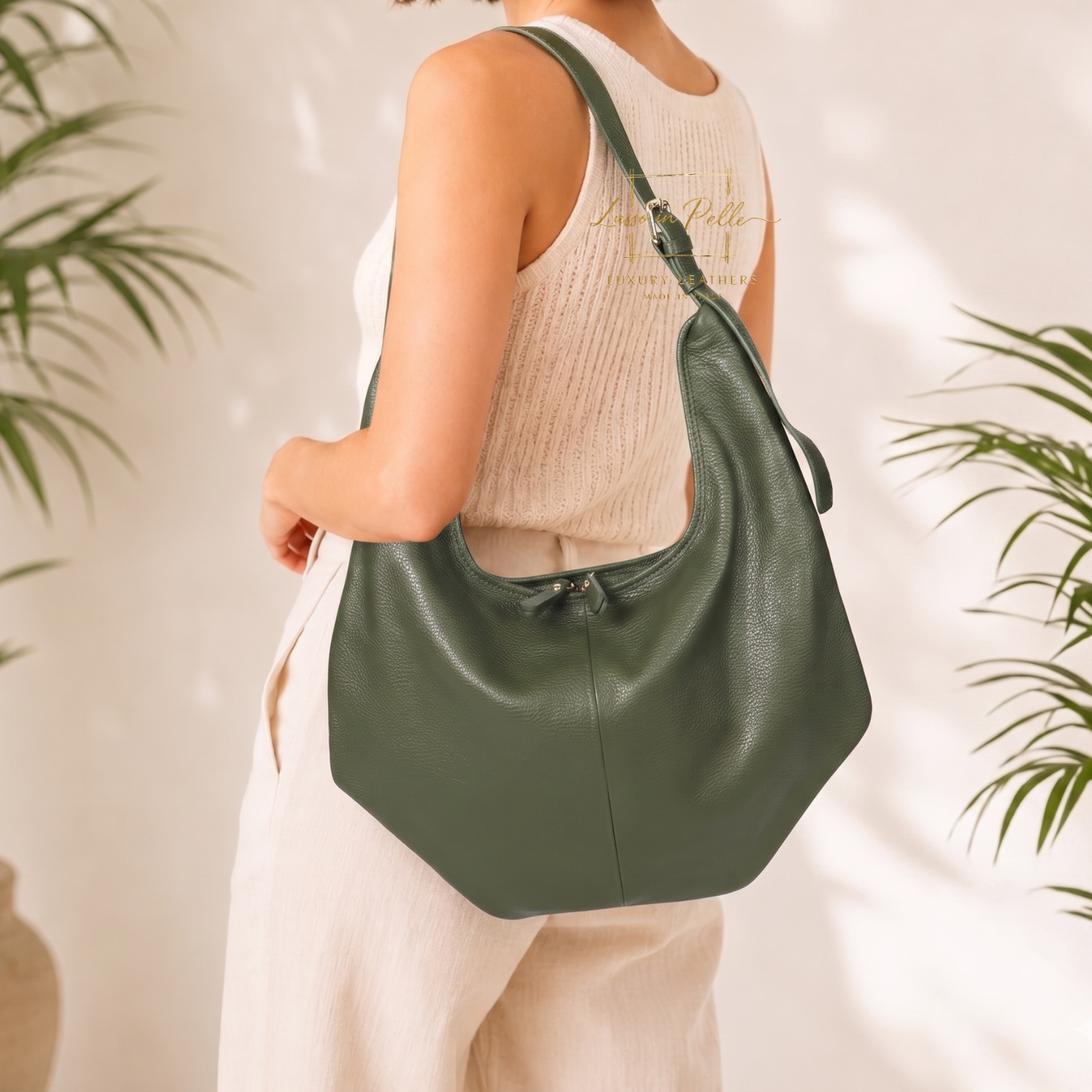 Pebbled Leather Hobo Shoulder Bag with Adjustable Strap