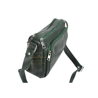 Italian Genuine Leather Multi Compartment Crossbody Bag with Front Zip Pocket
