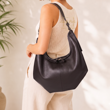 Pebbled Leather Hobo Shoulder Bag with Adjustable Strap