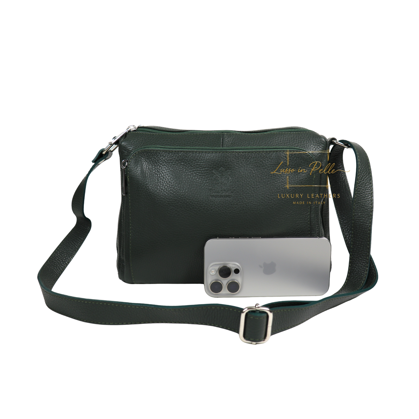 Italian Genuine Leather Multi Compartment Crossbody Bag with Front Zip Pocket
