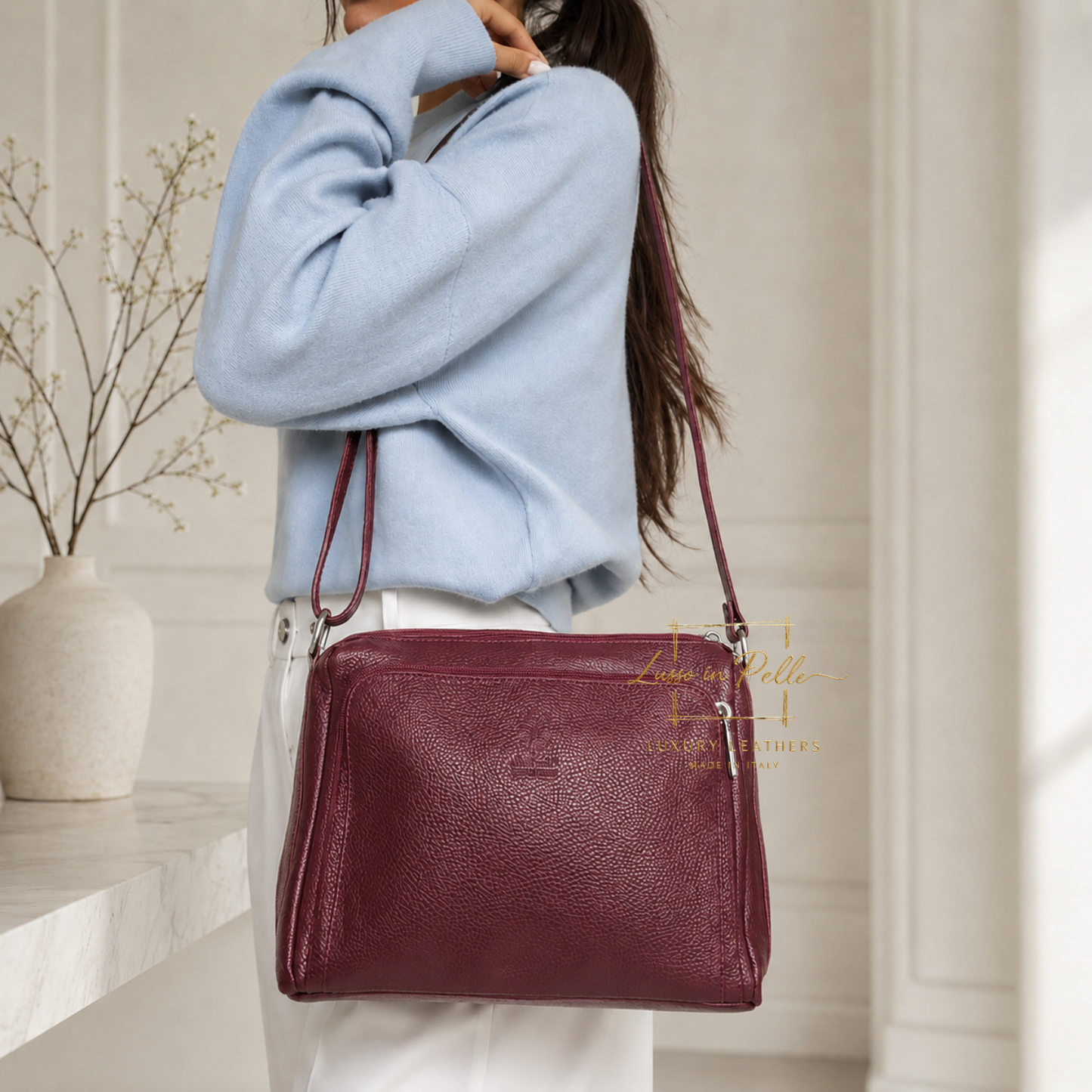 Italian Genuine Leather Multi Compartment Crossbody Bag with Front Zip Pocket