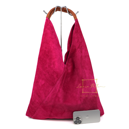 Milano Italian Suede Slouch Hobo Bag with Tan Leather Handle