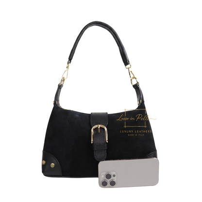 Genuine Suede & Leather Shoulder Bag with Buckle Detail