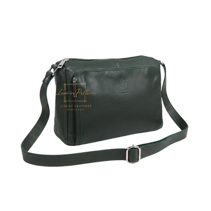 Italian Genuine Leather Multi Compartment Crossbody Bag with Front Zip Pocket