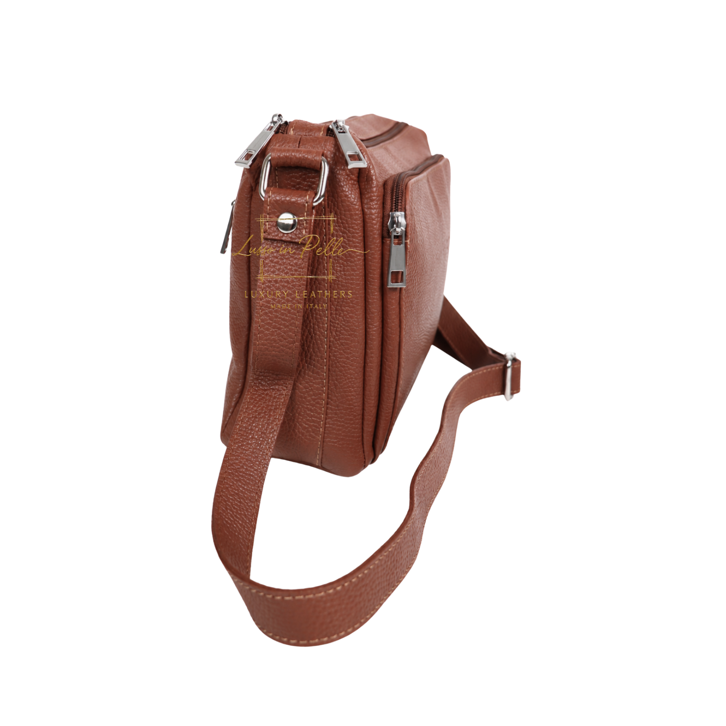 Italian Genuine Leather Multi Compartment Crossbody Bag with Front Zip Pocket
