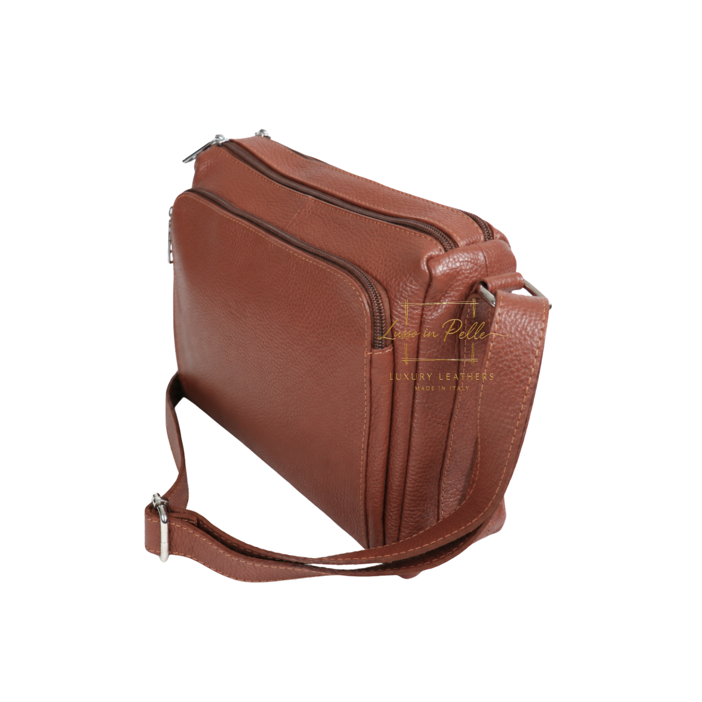 Italian Genuine Leather Multi Compartment Crossbody Bag with Front Zip Pocket
