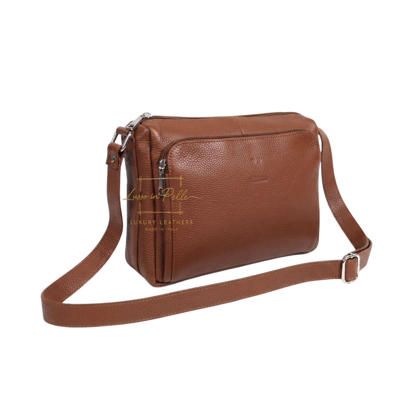 Italian Genuine Leather Multi Compartment Crossbody Bag with Front Zip Pocket