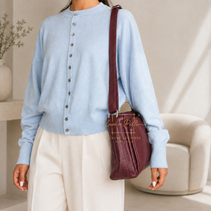Italian Genuine Leather Multi Compartment Crossbody Bag with Front Zip Pocket