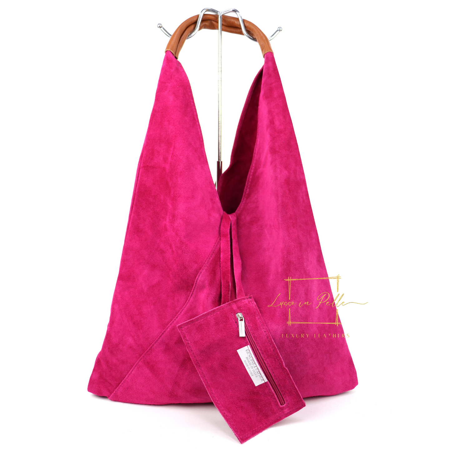 Milano Italian Suede Slouch Hobo Bag with Tan Leather Handle