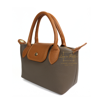 Italian Genuine Leather Mini Grab Bag with Detachable Crossbody Strap