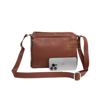 Italian Genuine Leather Multi Compartment Crossbody Bag with Front Zip Pocket