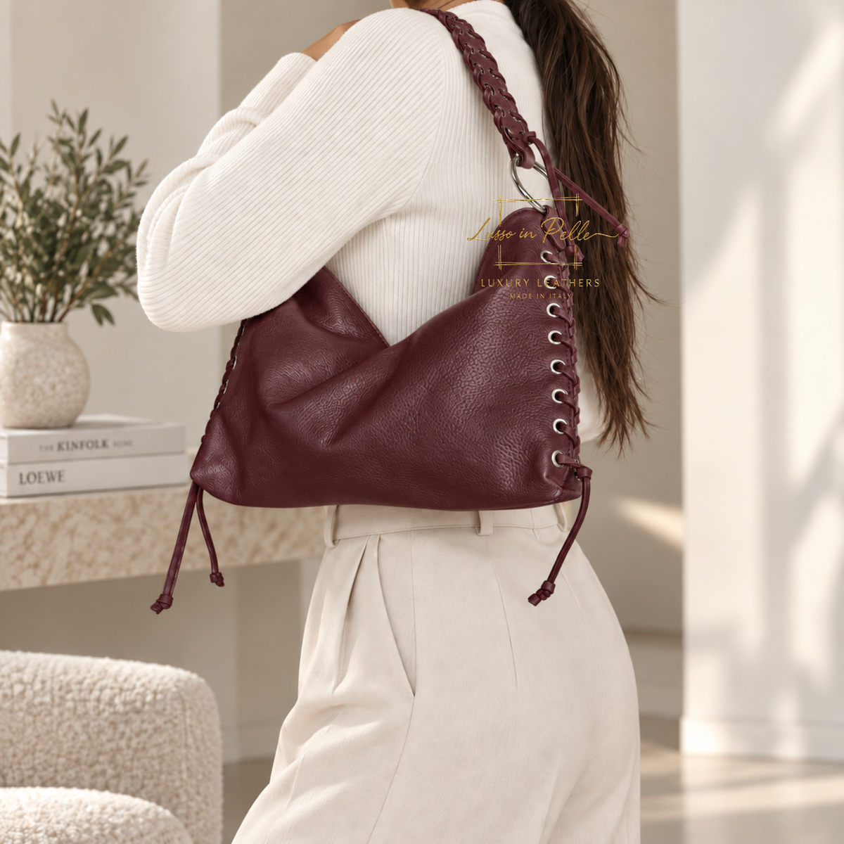 Genuine Leather Shoulder Bag with Lace-Up Detail