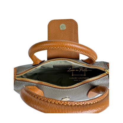 Italian Genuine Leather Mini Grab Bag with Detachable Crossbody Strap