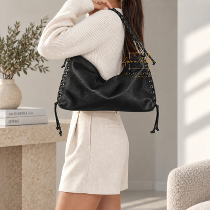 Genuine Leather Shoulder Bag with Lace-Up Detail
