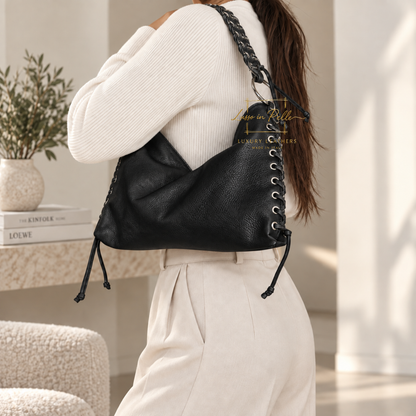 Genuine Leather Shoulder Bag with Lace-Up Detail