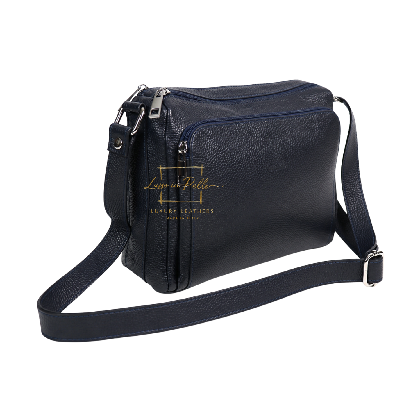 Italian Genuine Leather Multi Compartment Crossbody Bag with Front Zip Pocket