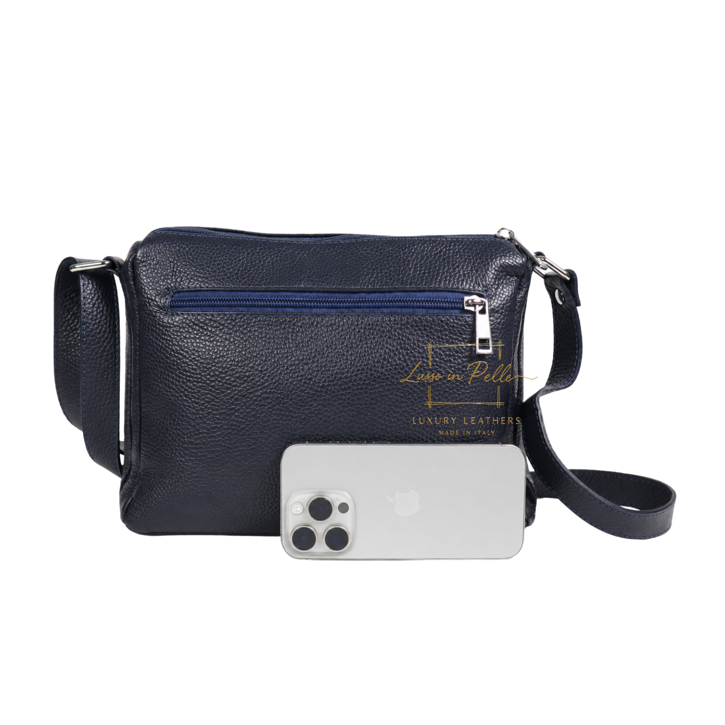 Italian Genuine Leather Multi Compartment Crossbody Bag with Front Zip Pocket