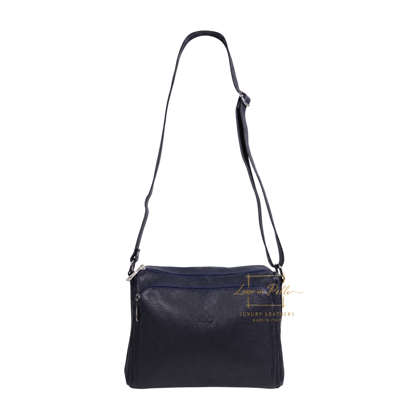 Italian Genuine Leather Multi Compartment Crossbody Bag with Front Zip Pocket