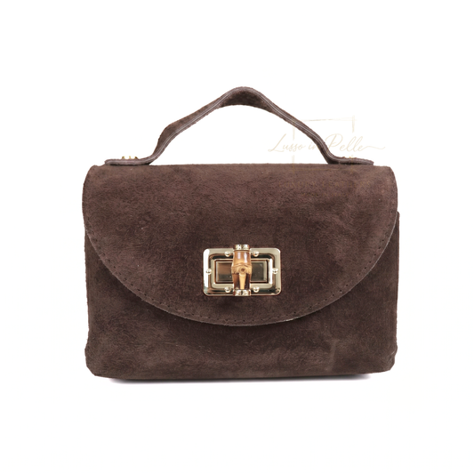 Genuine Suede Mini Top Handle Bag with Bamboo Twist Lock & Chain Strap
