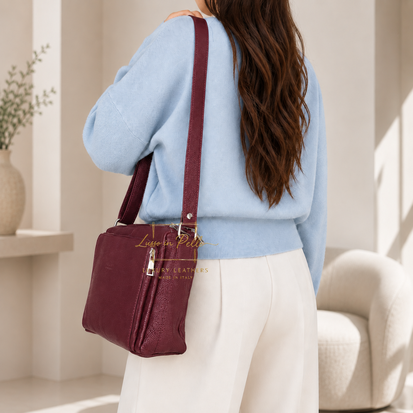 Italian Genuine Leather Multi Compartment Crossbody Bag with Front Zip Pocket