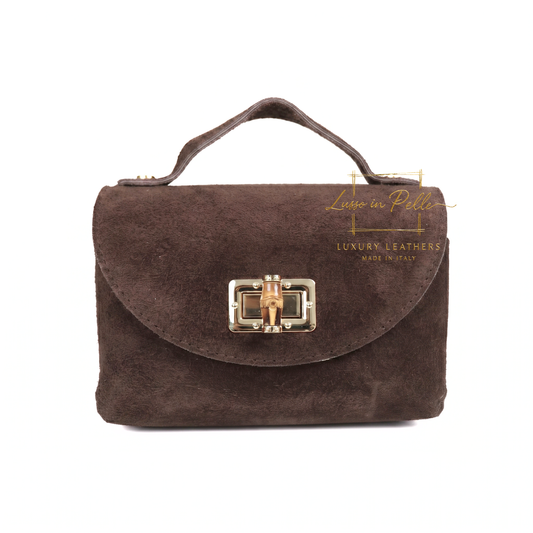 Genuine Suede Mini Top Handle Bag with Bamboo Twist Lock & Chain Strap