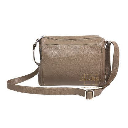 Italian Genuine Leather Multi Compartment Crossbody Bag with Front Zip Pocket