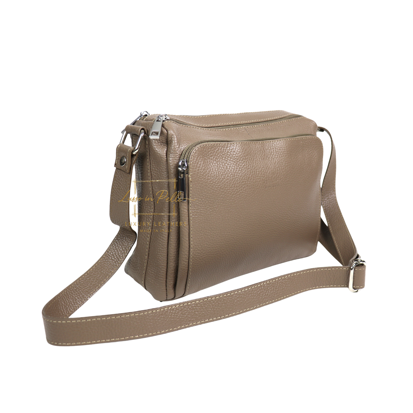Italian Genuine Leather Multi Compartment Crossbody Bag with Front Zip Pocket