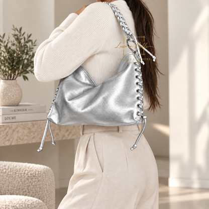 Genuine Leather Shoulder Bag with Lace-Up Detail