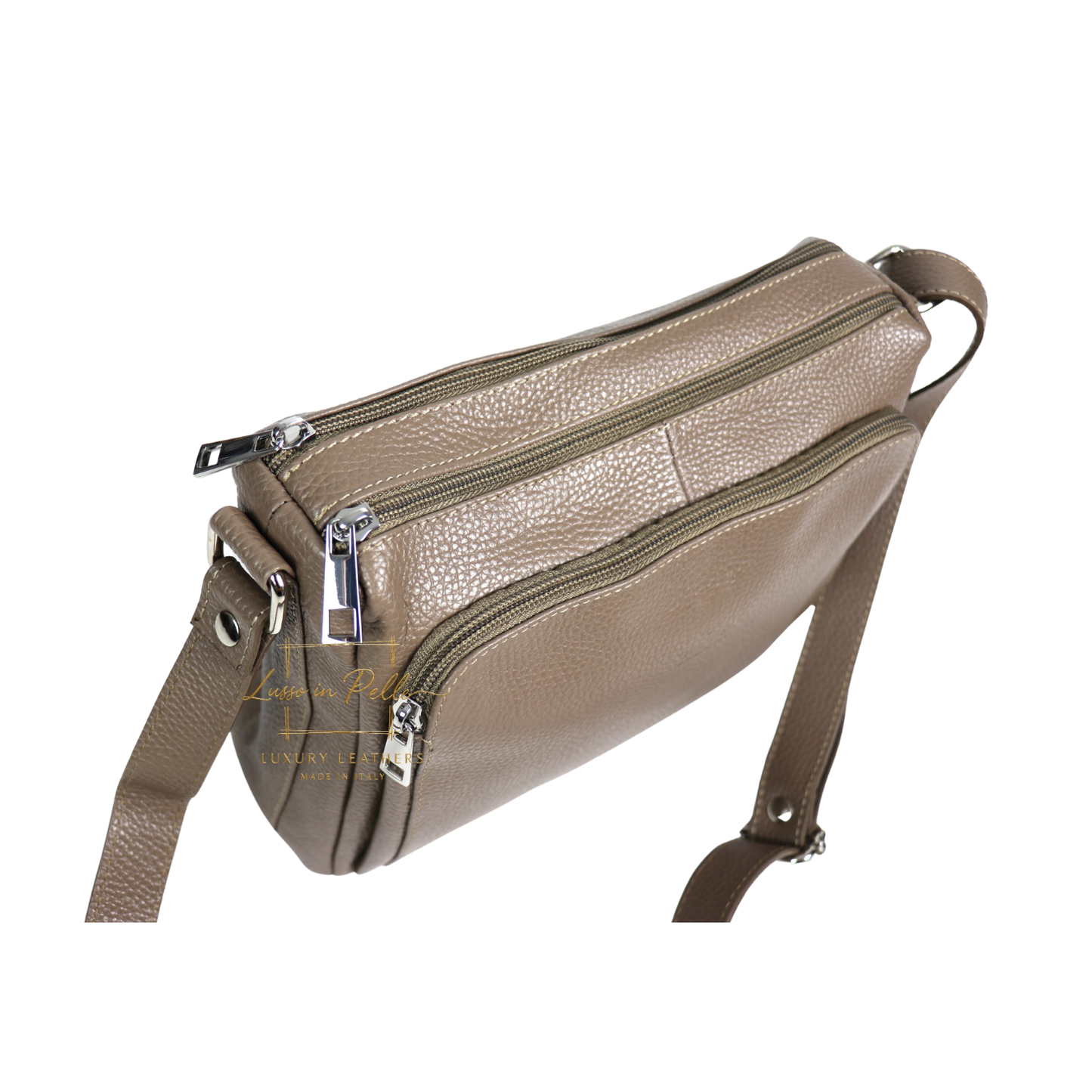 Italian Genuine Leather Multi Compartment Crossbody Bag with Front Zip Pocket