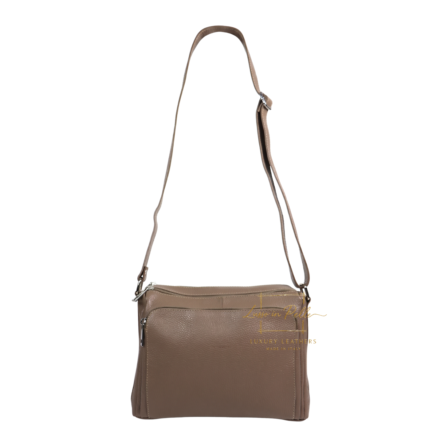 Italian Genuine Leather Multi Compartment Crossbody Bag with Front Zip Pocket