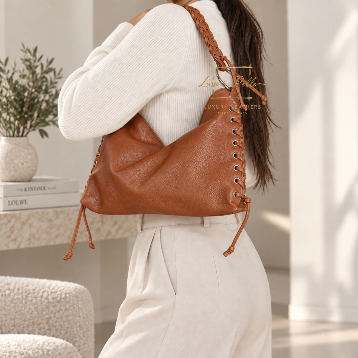 Genuine Leather Shoulder Bag with Lace-Up Detail