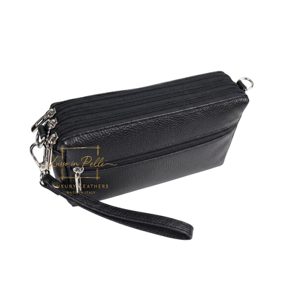 Italian Genuine Leather Multi Zip Crossbody Shoulder Bag