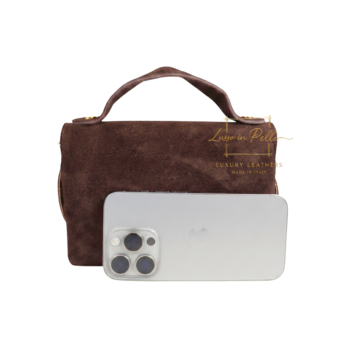 Genuine Suede Mini Top Handle Bag with Bamboo Twist Lock & Chain Strap