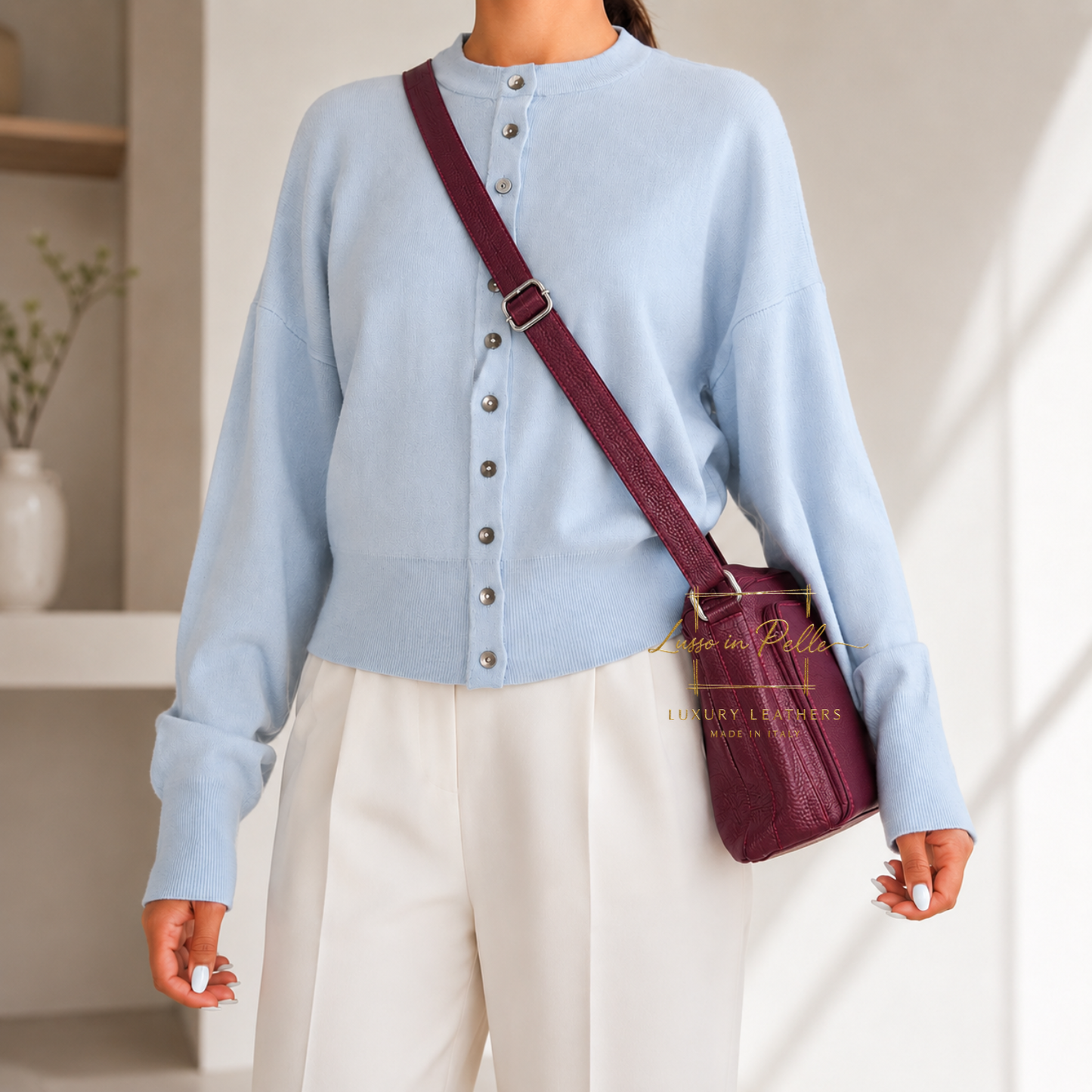 Italian Genuine Leather Multi Compartment Crossbody Bag with Front Zip Pocket