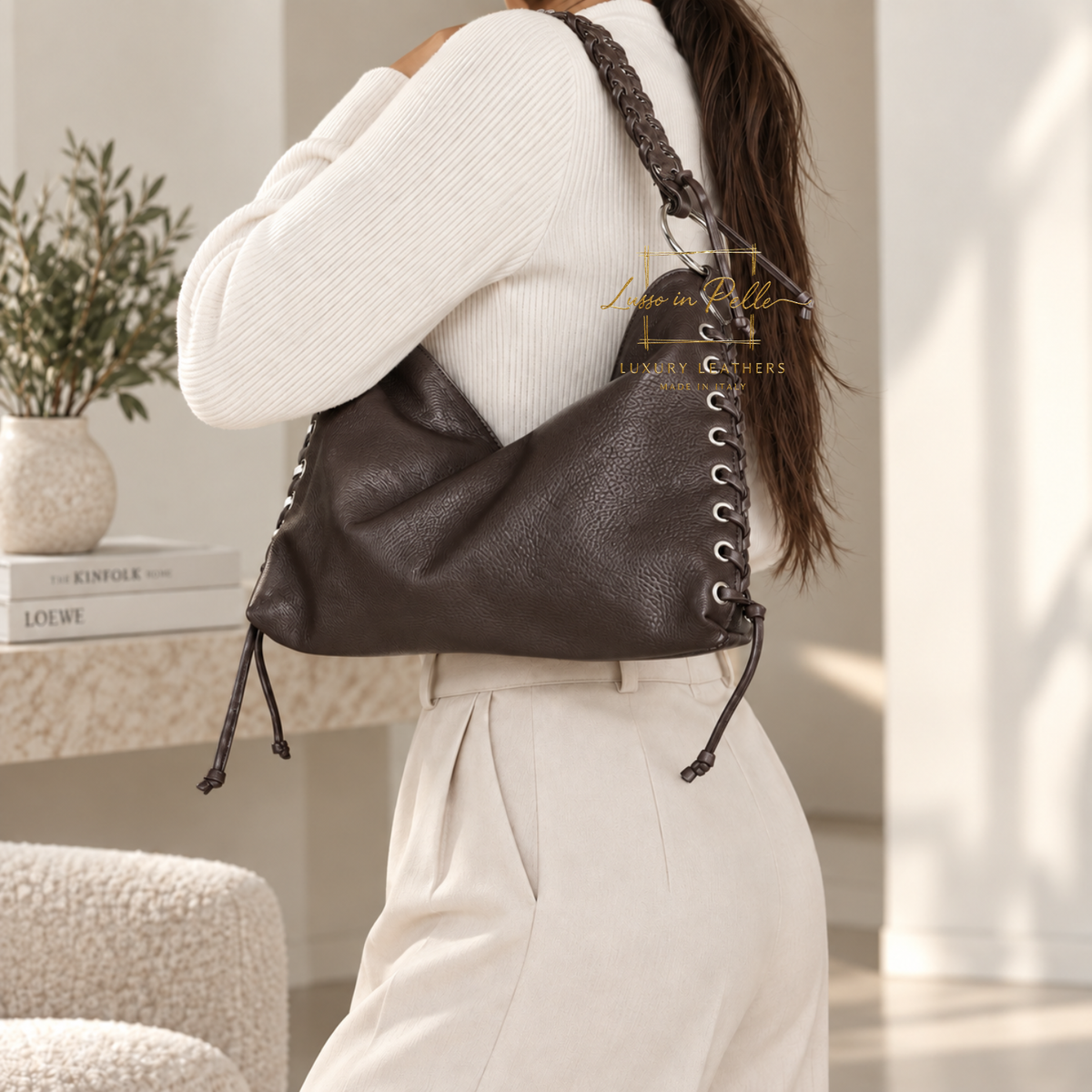 Genuine Leather Shoulder Bag with Lace-Up Detail